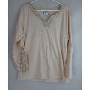 Nina Capri Women's Peach Blouse With Embroidered Neckline & Sleeves Size 2XL